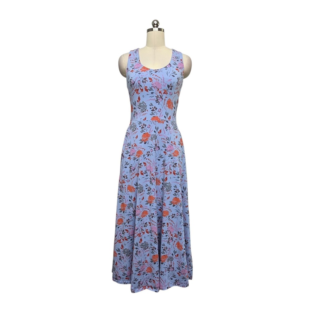Pact Organic Cotton Floral Maxi Dress Blue Orange Crisscross Back Womens Small